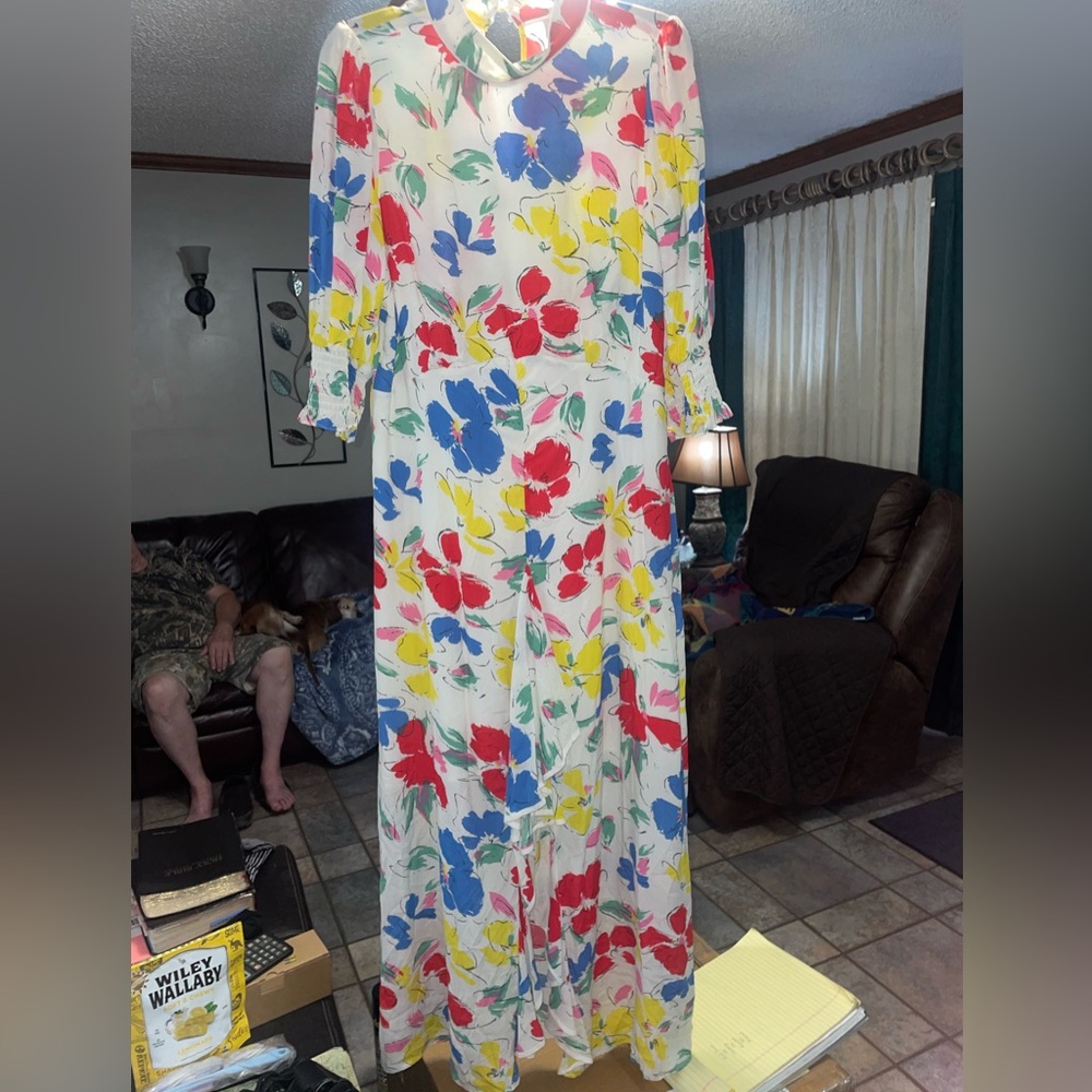 RIXO hi-lo Floral Dress with Red, Blue, and Yellow